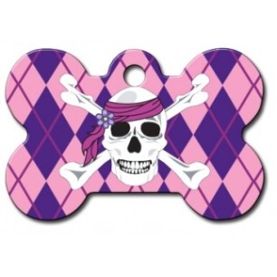 Pink Argyle Bone ID Tag with White Skull