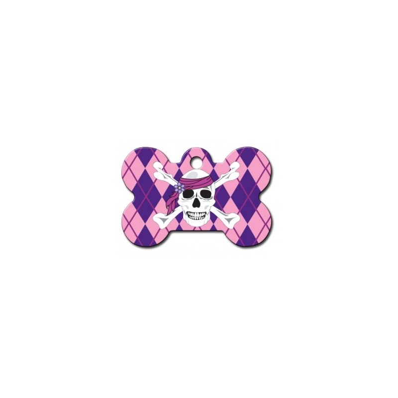 Pink Argyle Bone ID Tag with White Skull Pink Argyle Bone ID Tag with White Skull