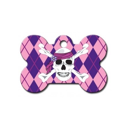 Pink Argyle Bone ID Tag with White Skull