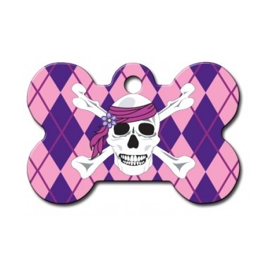 Pink Argyle Bone ID Tag with White Skull