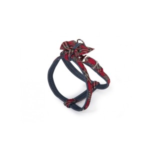 Adjustable denim and tartan harness with bow for dogs