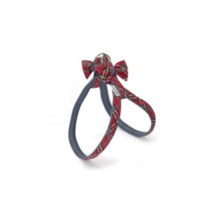 Adjustable Denim And Tartan Harness With Double Bow