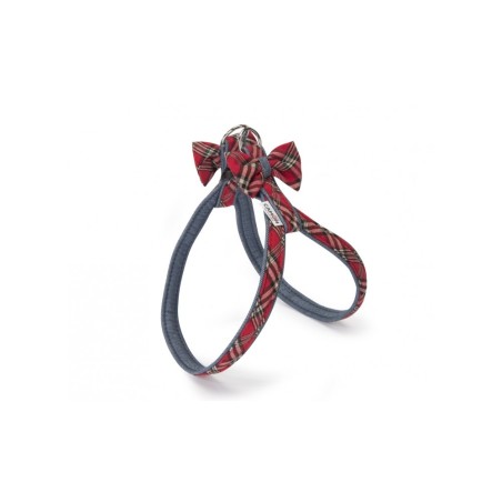 Adjustable Denim And Tartan Harness With Double Bow